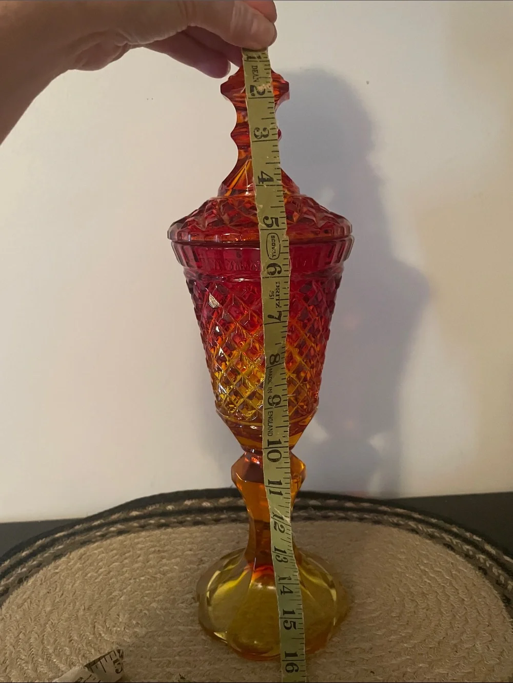 L. E. Smith Amberina Diamond Pointe Ombre Glass Apothecary Jar with Lid.